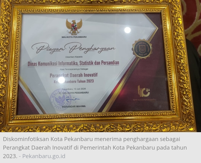 Diskominfotiksan Pekanbaru menerima penghargaan sebagai Perangkat Daerah Inovatif, Pj Wako Ucapkan Terimakasih