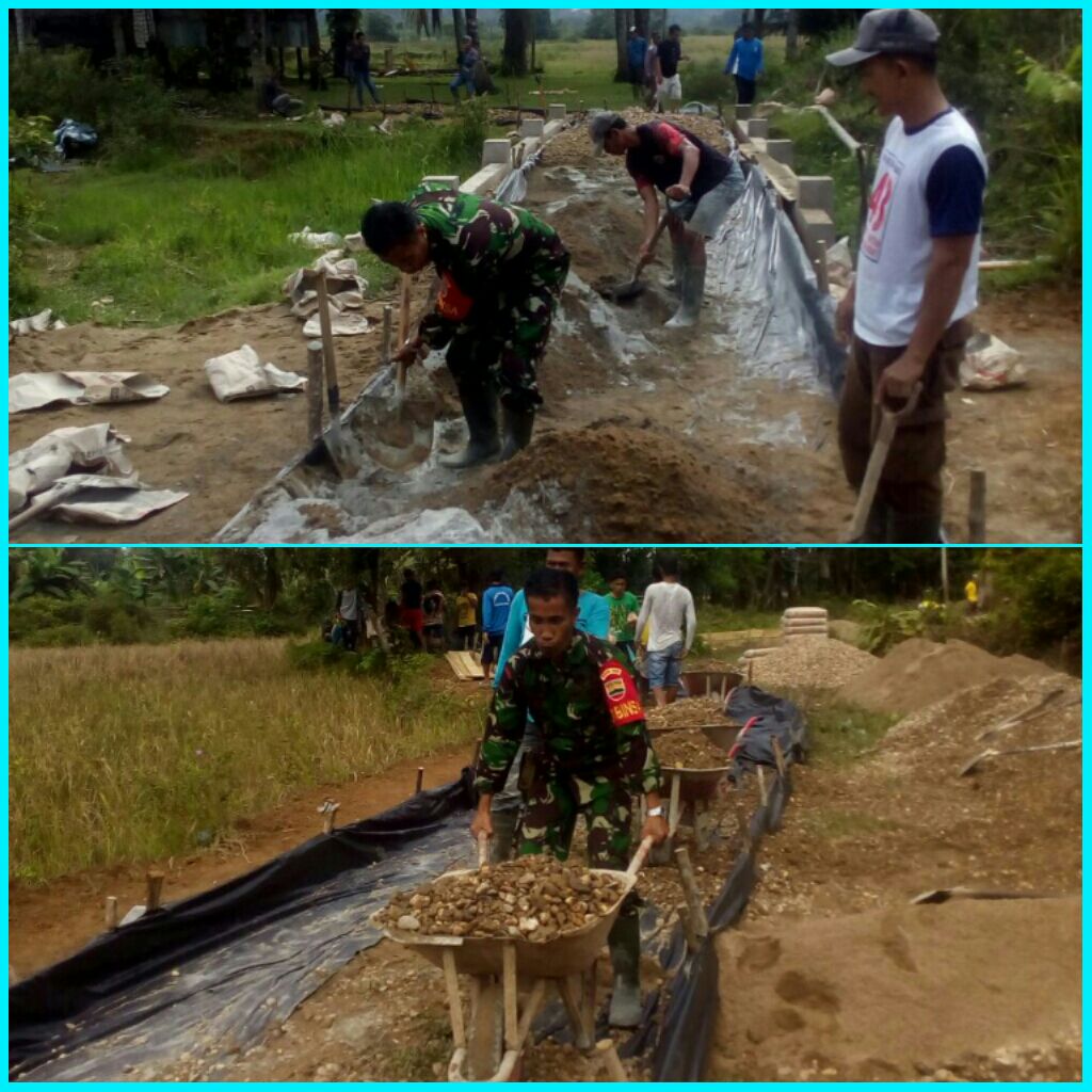 Tidak Mengenal Lelah: Sertu Agus Hefrian Babinsa Koramil Kuantan Hilir Gotong Royong Jalan Semenisasi Desa Pulau Rengas.