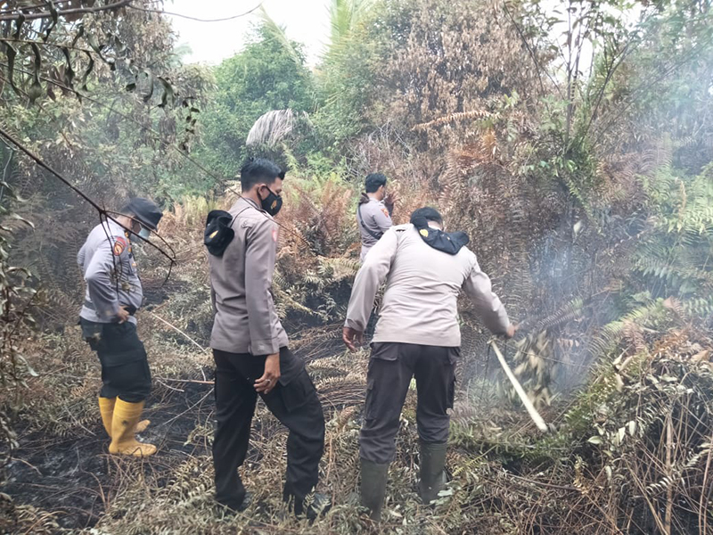 Polsek Kuala Kampar Cek Lokasi Bekas Karhutla yang Masih Menyisakan Asap