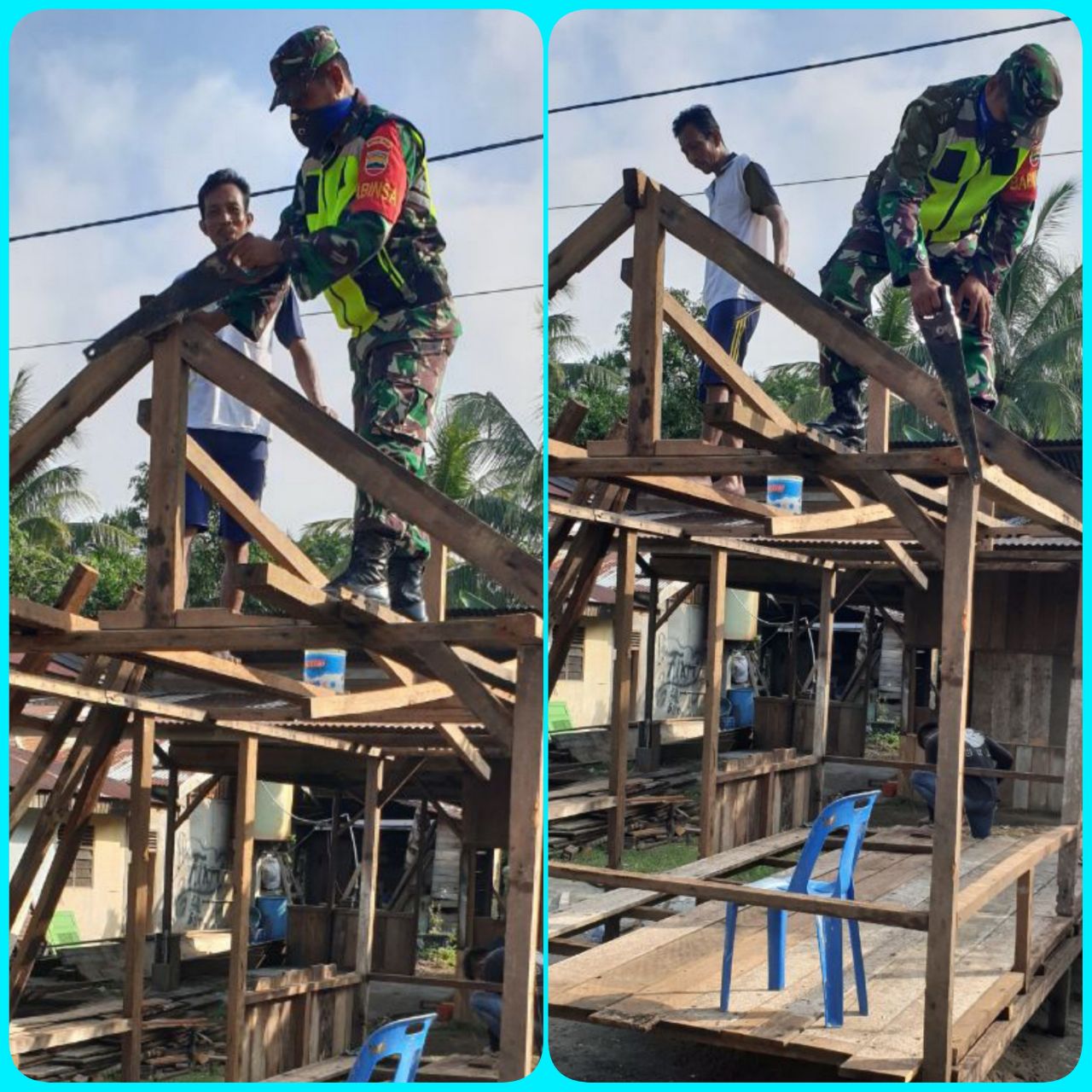 Demi Keamanan Tempat Tinggal Masyarakat, Babinsa Koramil 07/Kuantan Hilir Dim 0302/Inhu Serda Epy Suanto Turun Tangan Membantu Membuat Pos Ronda.