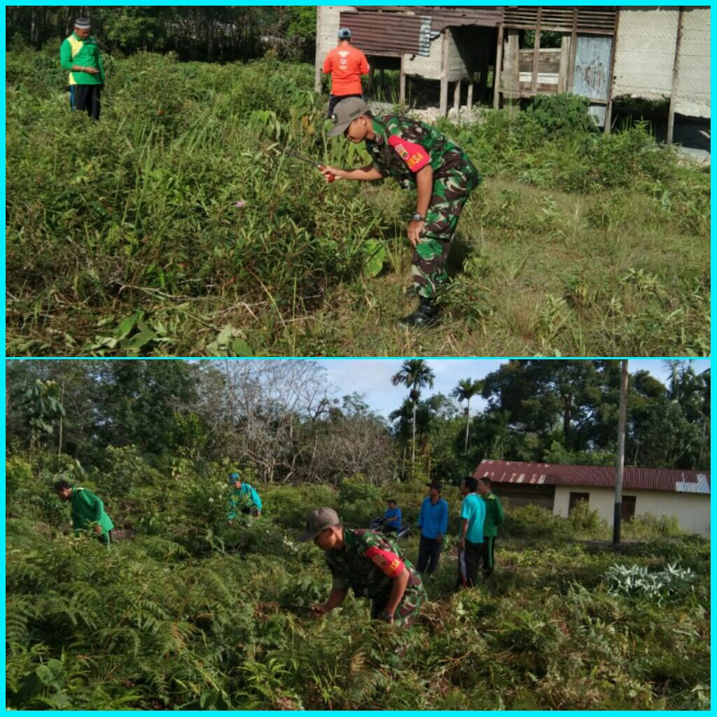 Babinsa Ramil 07/Kuantan Hilir Dim 0302/INHU Gotong Royong Bersama Warga Membersihkan Jalan Sepanjang Desa Pauh Angit Kecamatan Pangean.
