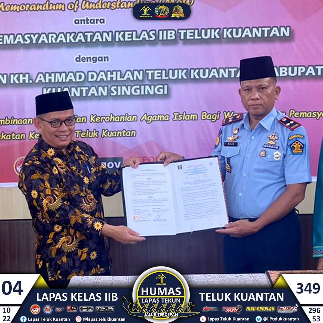 Penandatanganan Perjanjian Kerjasama Antara Lapas Kelas IIB Teluk Kuantan Dengan Pondok Pesantren KH. Ahmad Dahlan