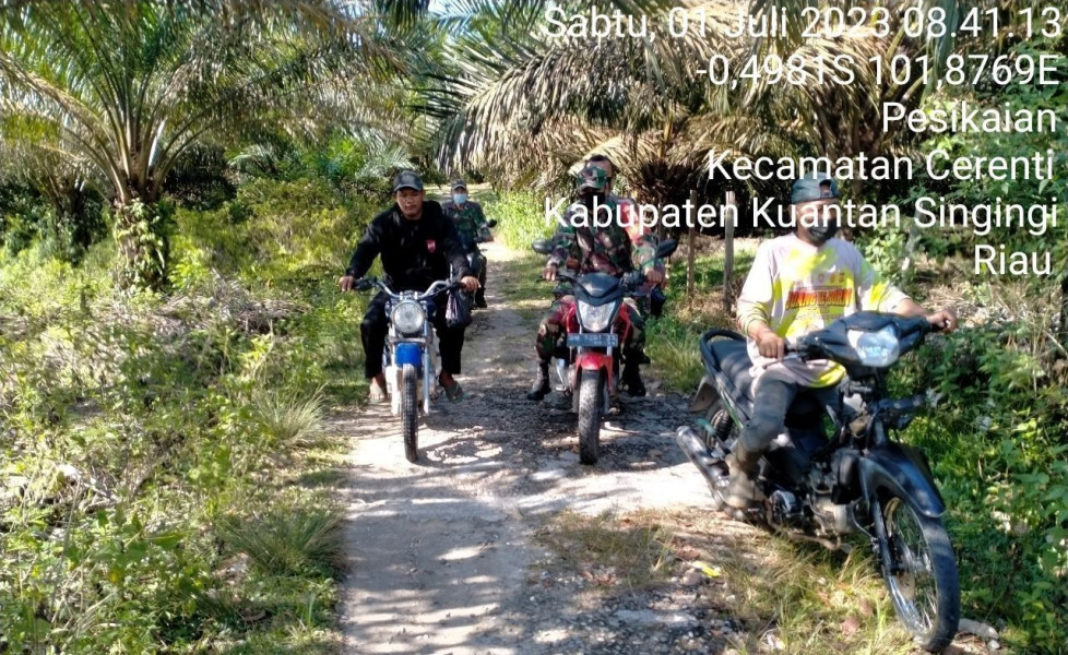 Sertu Pirman Dan Kopda Muhamad Soleh Babinsa Koramil 06/Cerenti Kodim 0302/Inhu Laksanakan Patroli Dan Sosialisasi Untuk Cegah Kebakaran Hutan Dan Lahan
