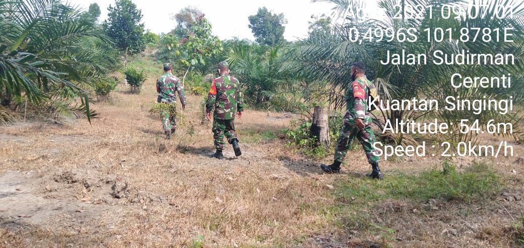 Babinsa Koramil 06/Cerenti Dim 0302/Inhu ,Kopda Irwan bersama Anggota lainnya Patroli dan Sosialisasi Pencegahan Karhutla