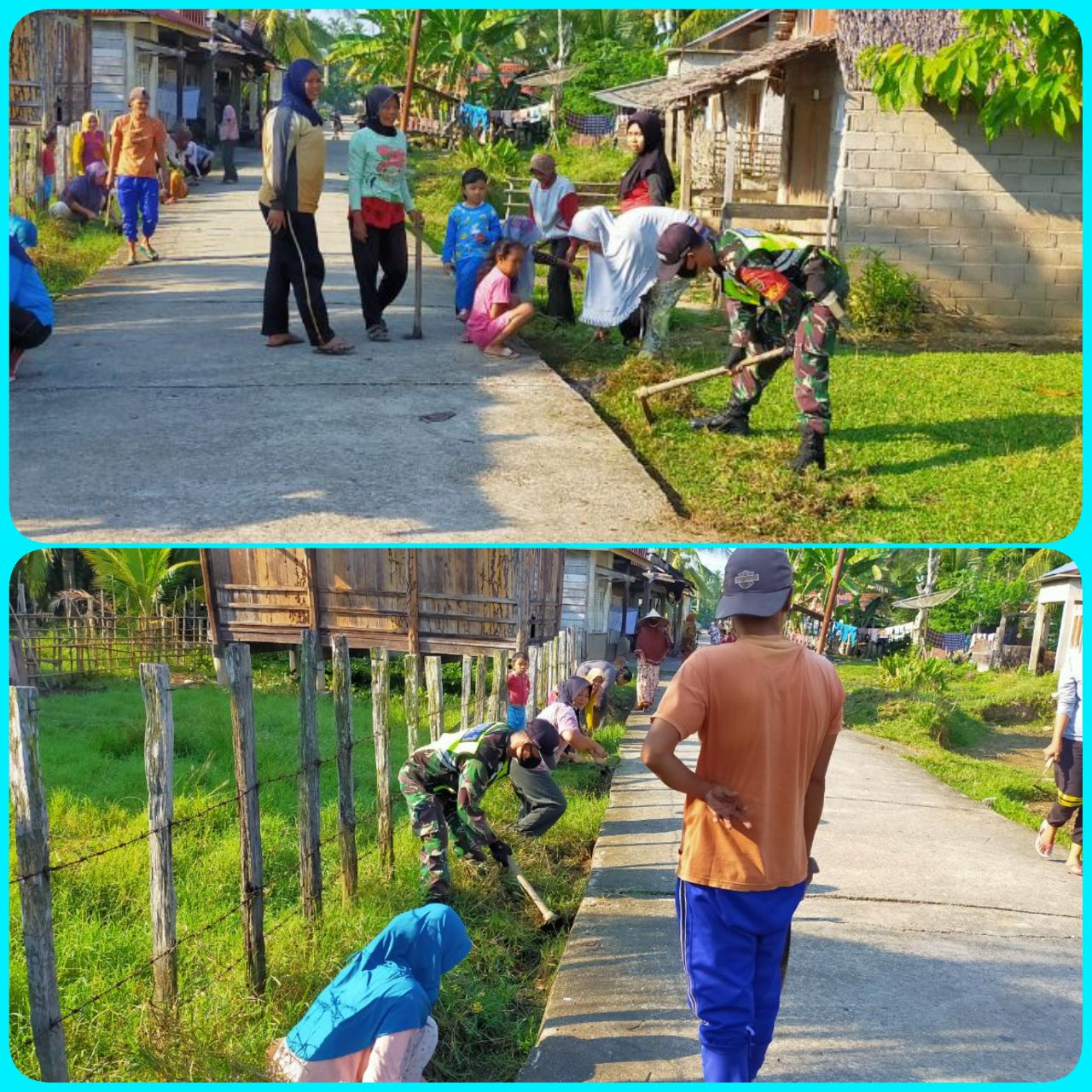 Sertu Parman Anggota Koramil 07/Kuantan Hilir Dim 0302/Inhu Gotong Royong Membersihkan Lingkungan Bersama Masyarakat Binaan Desa Lumbok.