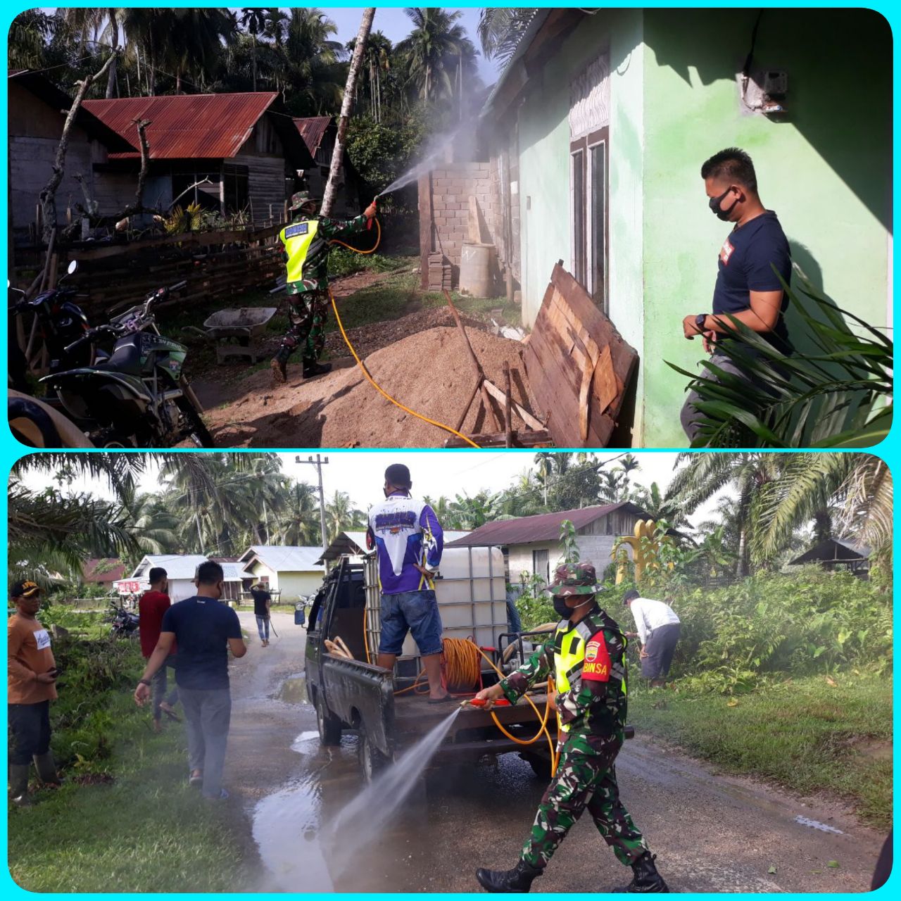 Cegah Penyebaran Virus Corona,Serka Marnius Anggota Koramil 07/Kuantan Hilir Dim 0302/Inhu Melakukan Penyemprotan Disinfektan.