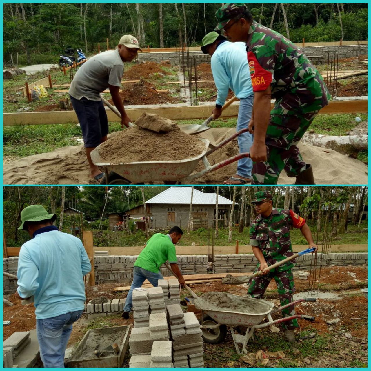 Babinsa Koramil 07/Kuantan Hilir Dim 0302/Inhu Serda Yuliondra Gotong Royong Bersama Masyarakat Pemasangan Batu Bata Musallah.