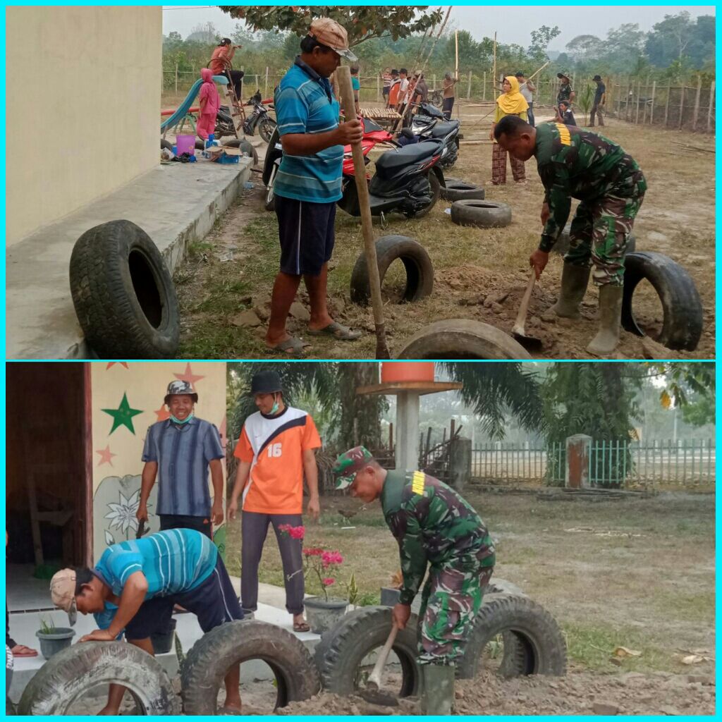 Danposmil 07/Kuantan Hilir DIM 0302/INHU Gotong Royong Bersama  Majelis Guru TK ATTHOIBAH  Dan Wali Murid Di Desa Pulau Baru.
