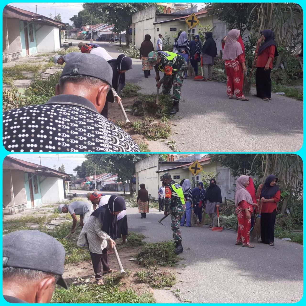 Wujudkan Lingkungan Yang Bersih, Serka Junaidi Anggota Koramil 07/Kuantan Hilir Dim 0302/Inhu Gotong Royong Bersama Masyarakat Desa Dusun Tuo.