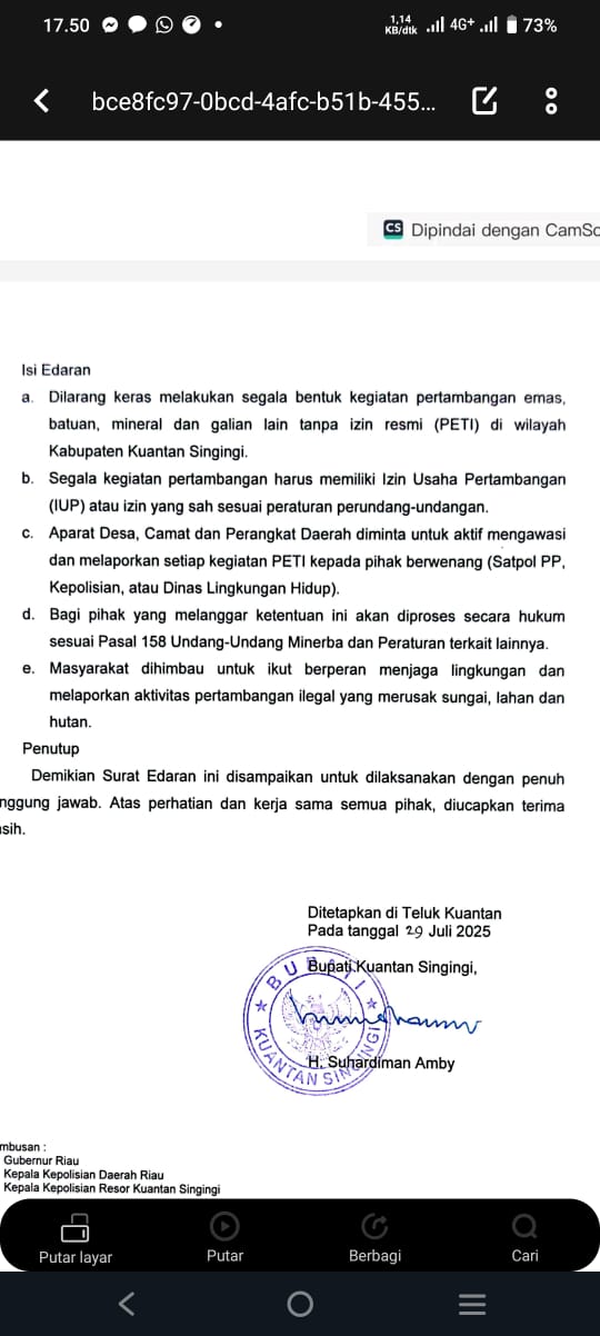 Terkait Aktifitas PETI;   Bupati  Suhardiman Sampaikan Surat Edaran