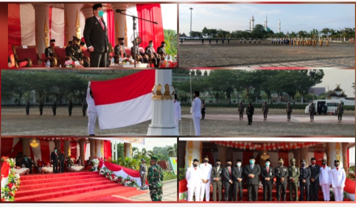 Pemkab Rohul Upacara Bendera Peringati HUT RI Ke-75 Dengan Tema Indonesia Maju, Tetap Protokol Kesehatan Covid-19.