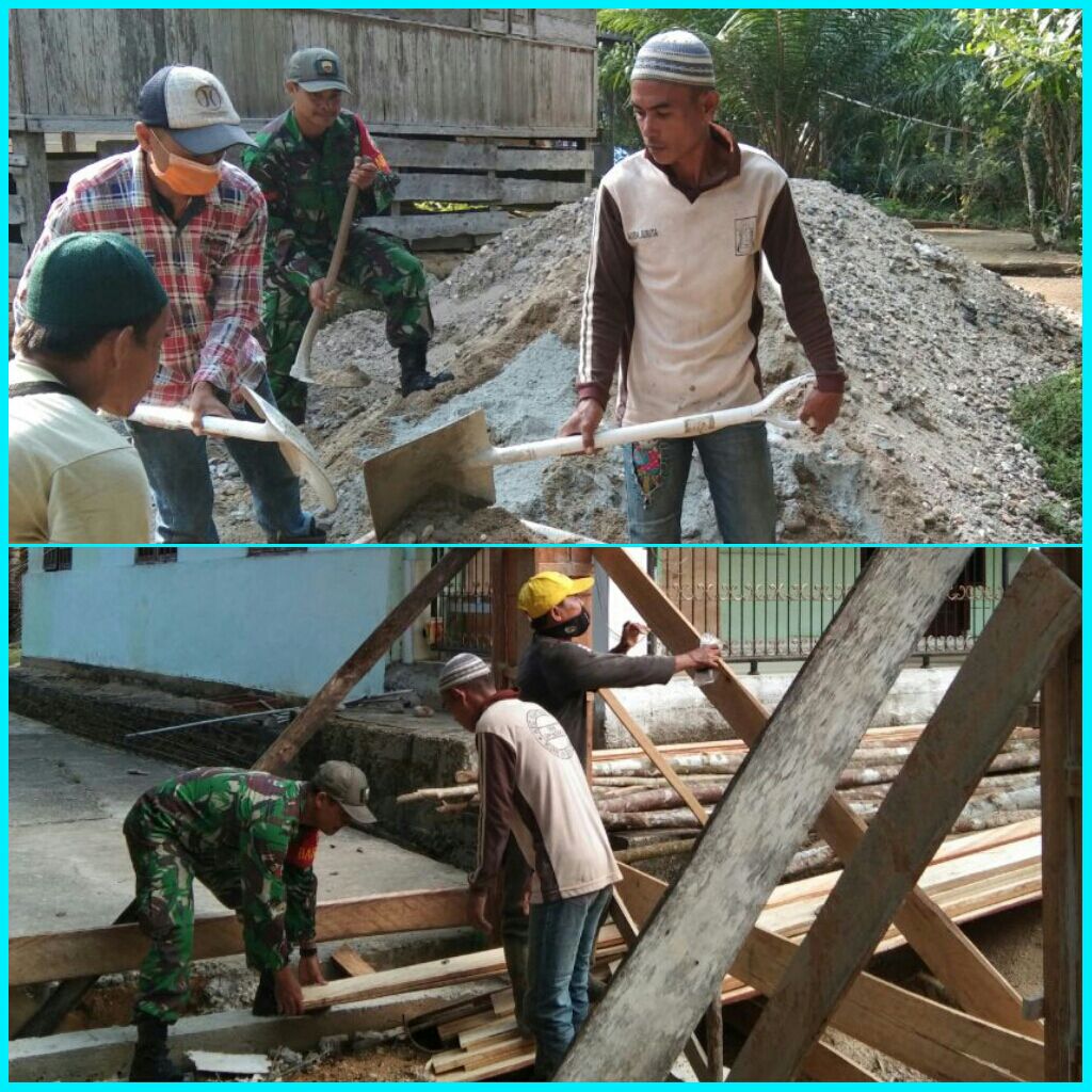 Babinsa Koramil 07/Kuantan Hilir Gotong Royong Bersama Masyarakat Membuat Gedung MDA Di Desa Pauh Angit Hulu.
