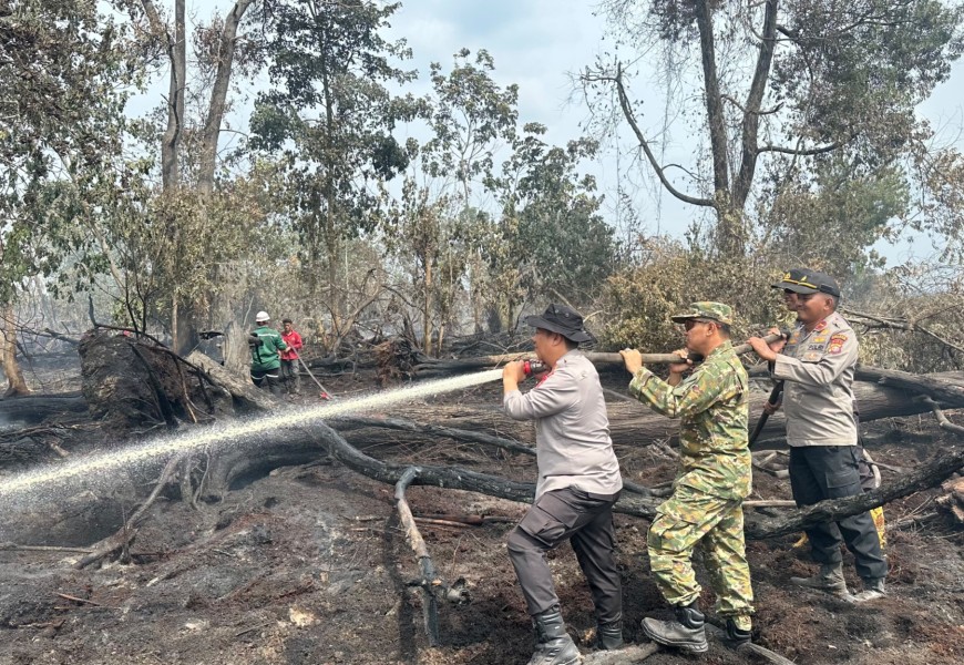 Kapolres dan Wabup Pelalawan Turun Langsung Padamkan Karhutla di Teluk Meranti