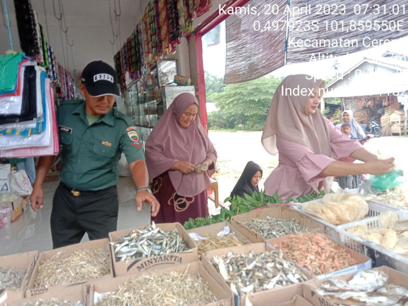 Jelang Hari Raya Idul Fitri 1 Syawal 1444H / 2023 M Babinsa Koramil 06/Cerenti Kodim 0302/Inhu Kopda Junedi Pantau Harga Sembako Di Kecamatan Cerenti