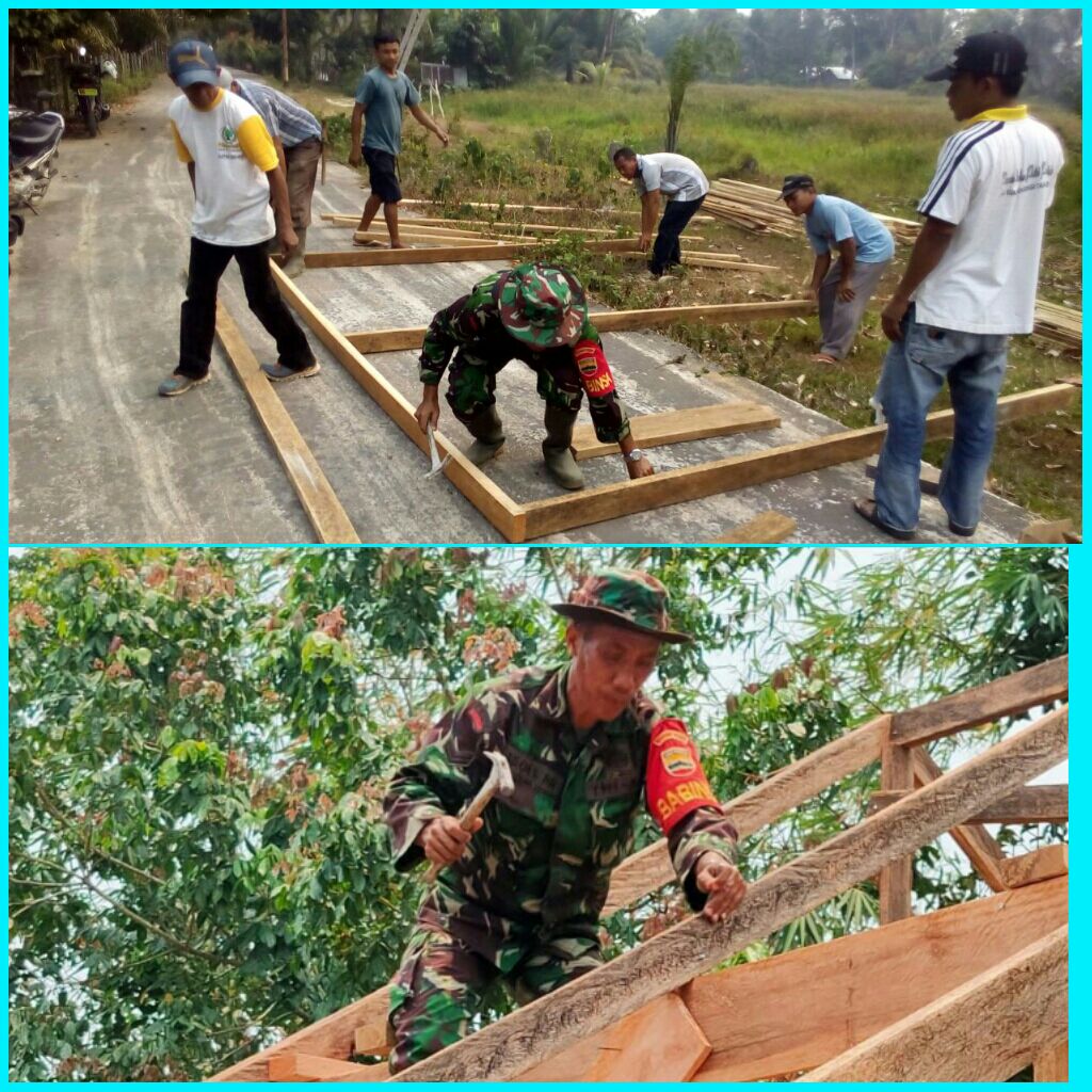Anggota Koramil Kuantan Hilir Gotong Royong Bersama Masyarakat Renovasi Rumah Warga Kurang Mampu Di Desa Rawang Binjai.