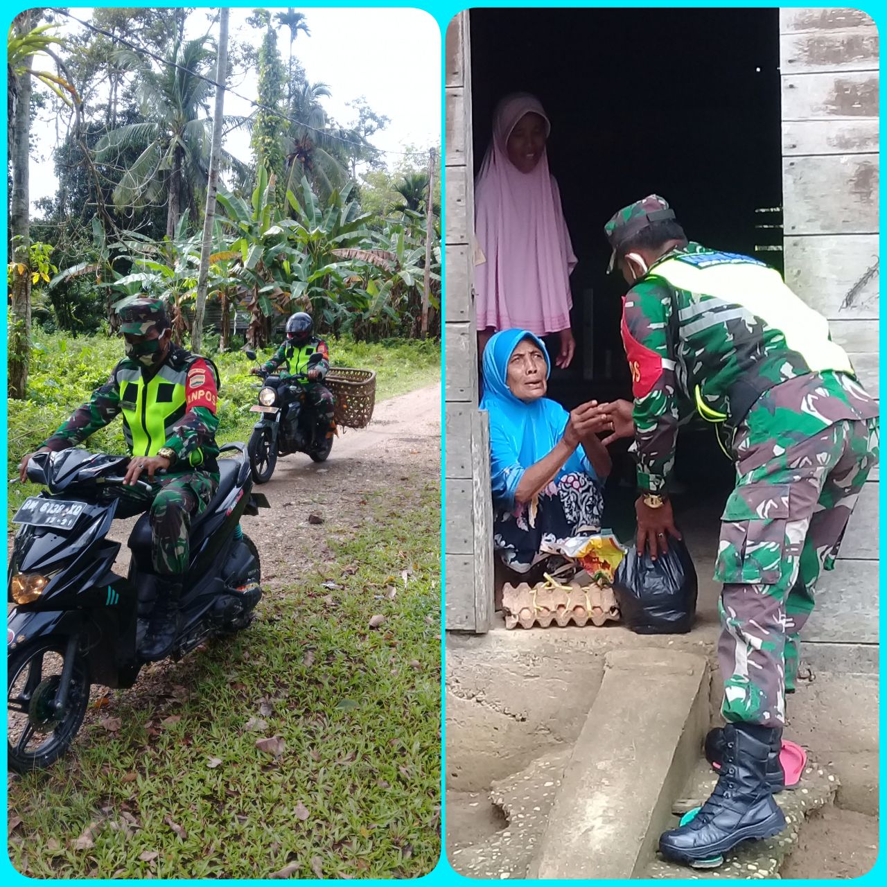 Babinsa Koramil 07/Kuantan Hilir Dim 0302/Inhu Serma Muhardi Bersama Anggota Lainnya Bagikan Sembako Kepada Masyarakat Kurang Mampu.