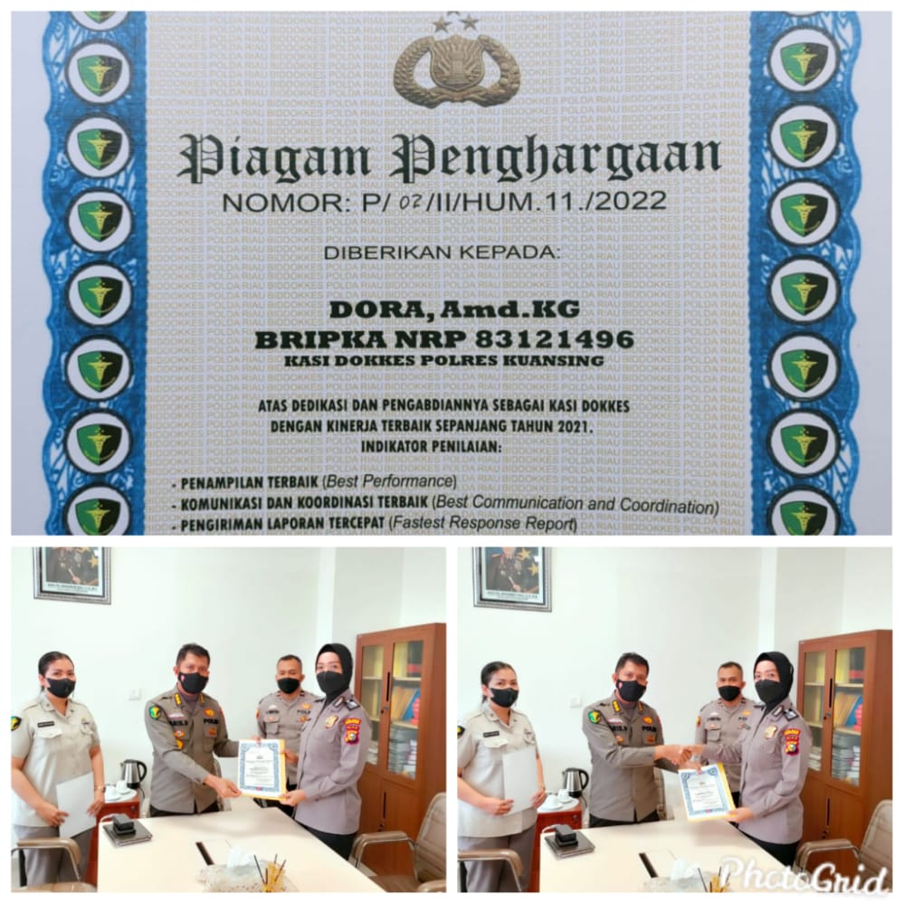 Kasi Dokkes Polres Kuansing Terima Penghargaan dari Kabid Dokkes Polda Riau Sebagai Kasi Dokkes Dengan Kinerja Terbaik