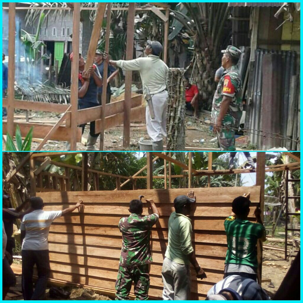 Babinsa Koramil Kuantan Hilir Serma Mulyadi Membantu Masyarakat Renovasi Rumah Warga Kurang Mampu Di Desa Teluk Pauh.