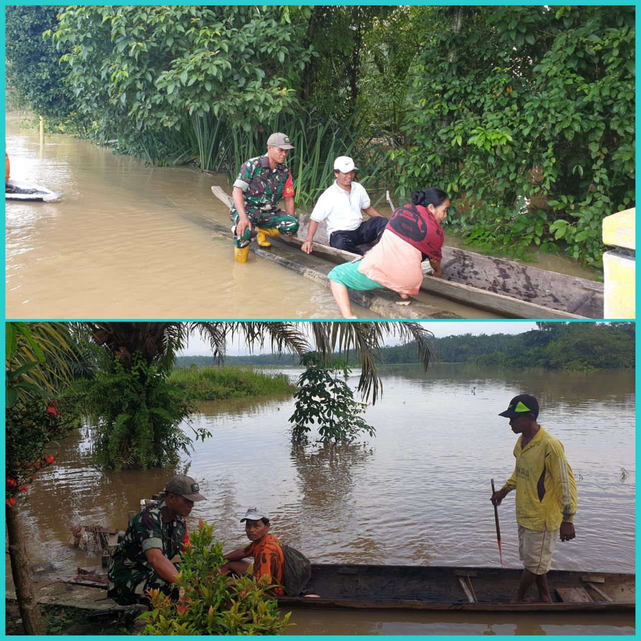 Anggota Koramil Kuantan Hilir Serda Epi Suanto Membantu Evakuasi Warga Yang Terdampak Banjir.