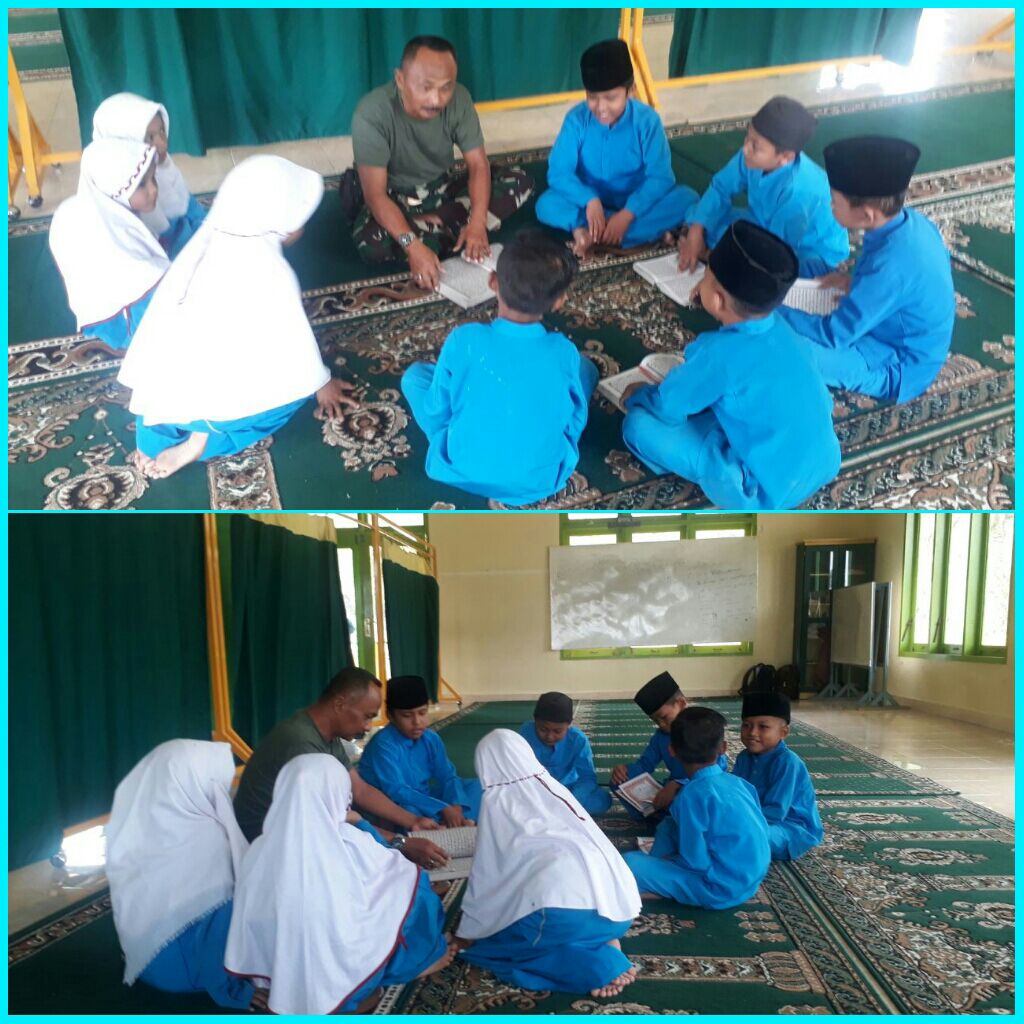 Tanamkan Ajaran Islam Kepada Anak-Anak, Serma Heri Purwanto Mengajar Membaca Al-Qur'an Kepada Anak-Anak Desa Pelukahan.