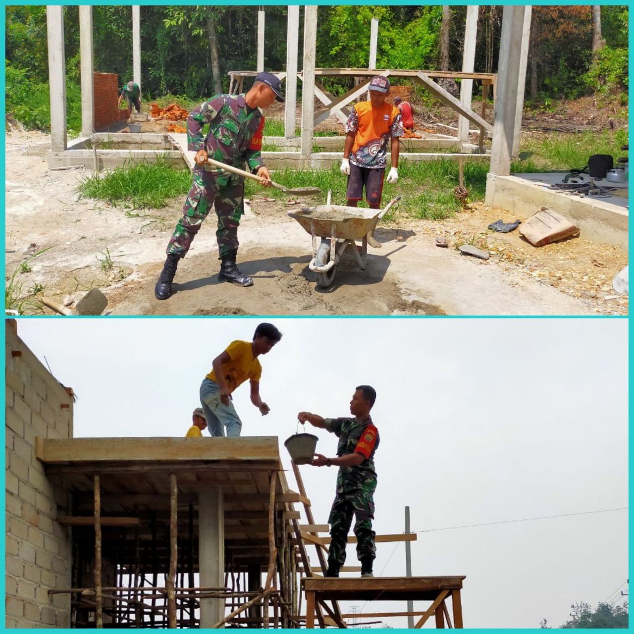 Babinsa Koramil Kuantan Hilir Sertu Parman Membantu Warga Dalam Pengerjaan Pembangunan Gedung Sekolah PAUD.