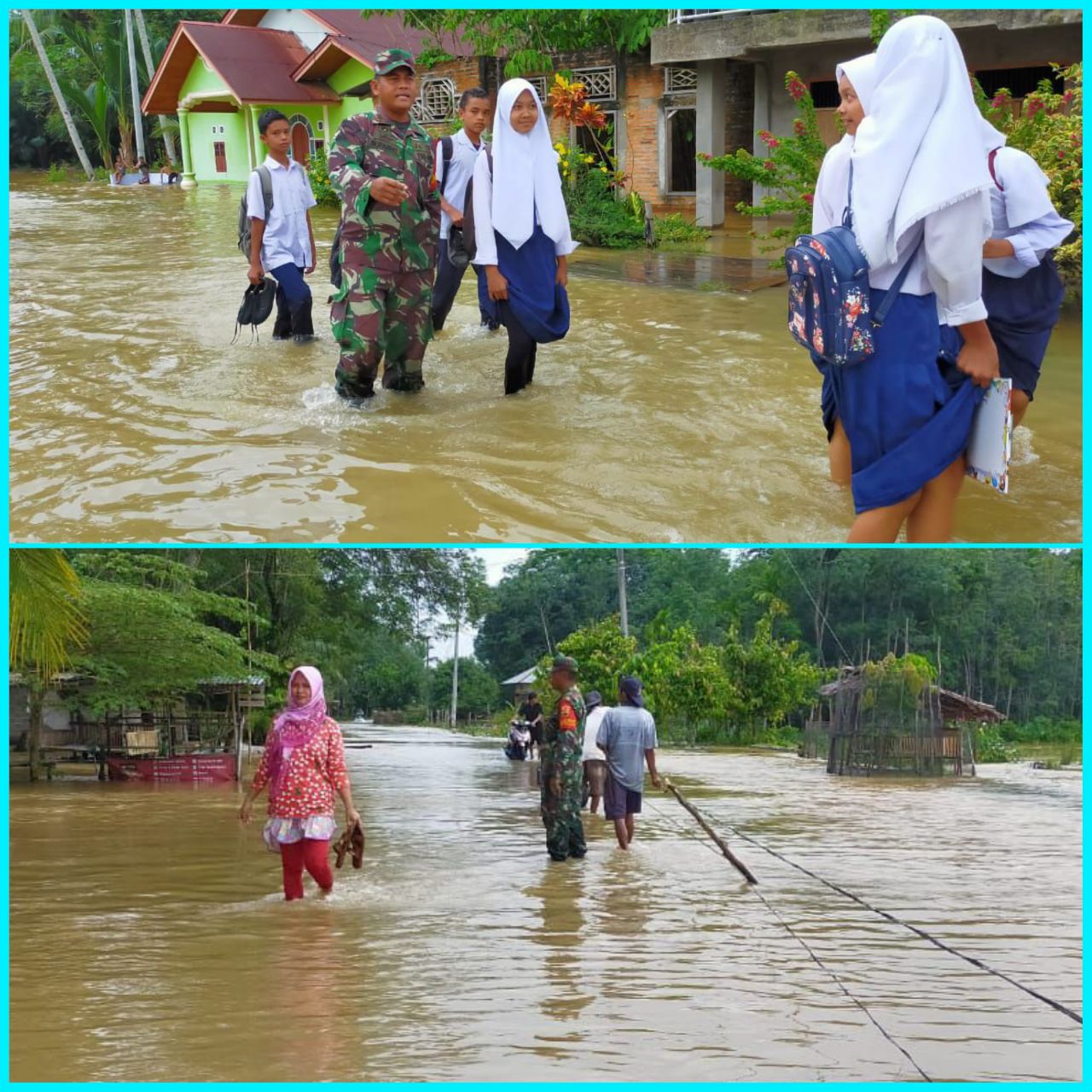 Pelda Suparno Anggota Koramil Kuantan Hilir Meninjau Desa Yang Terpapar Banjir Di Kecamatan Kuantan Hilir Seberang.