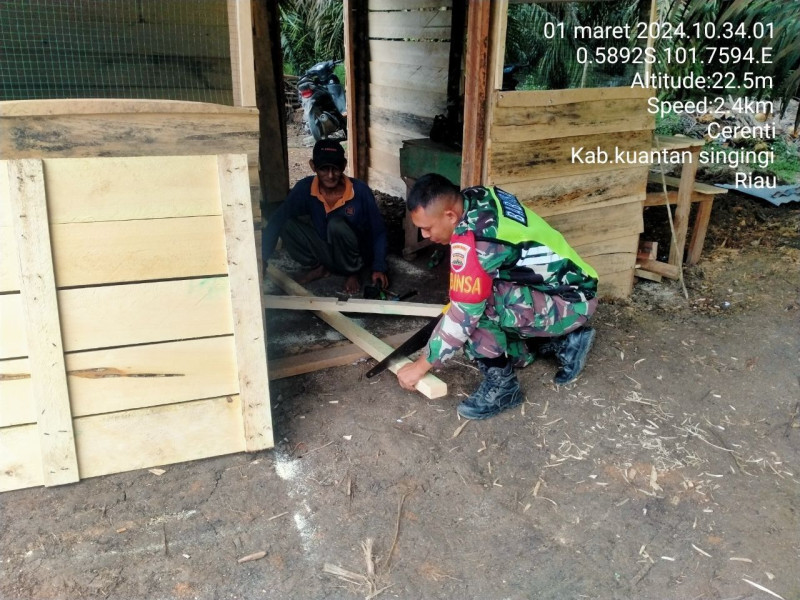 Babinsa Koramil 06/Cerenti  Kodim 0302/Inhu  Bergotong Royong Membantu Membangun Warung di Pulau Panjang Hulu 