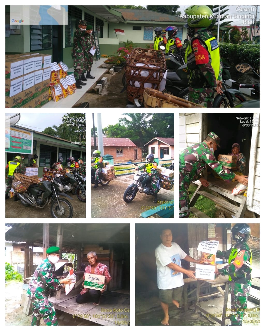 Anggota Koramil 06/Cerenti Dim 0302/Inhu Membagikan Sembako Kepada Masyarakat Kurang Mampu Yang Terdampak Covid-19. 