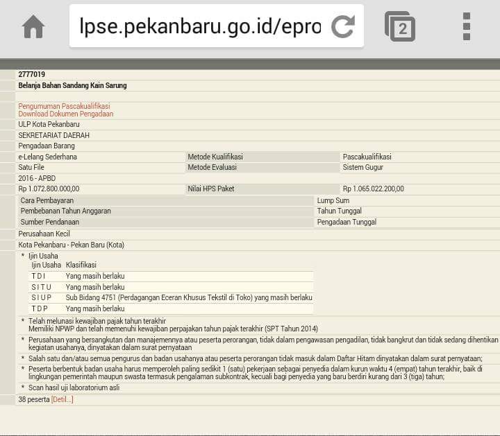 Lelang Proyek Kain Sarung Lenyap dari Website LPSE Pekanbaru, Ada Apa?