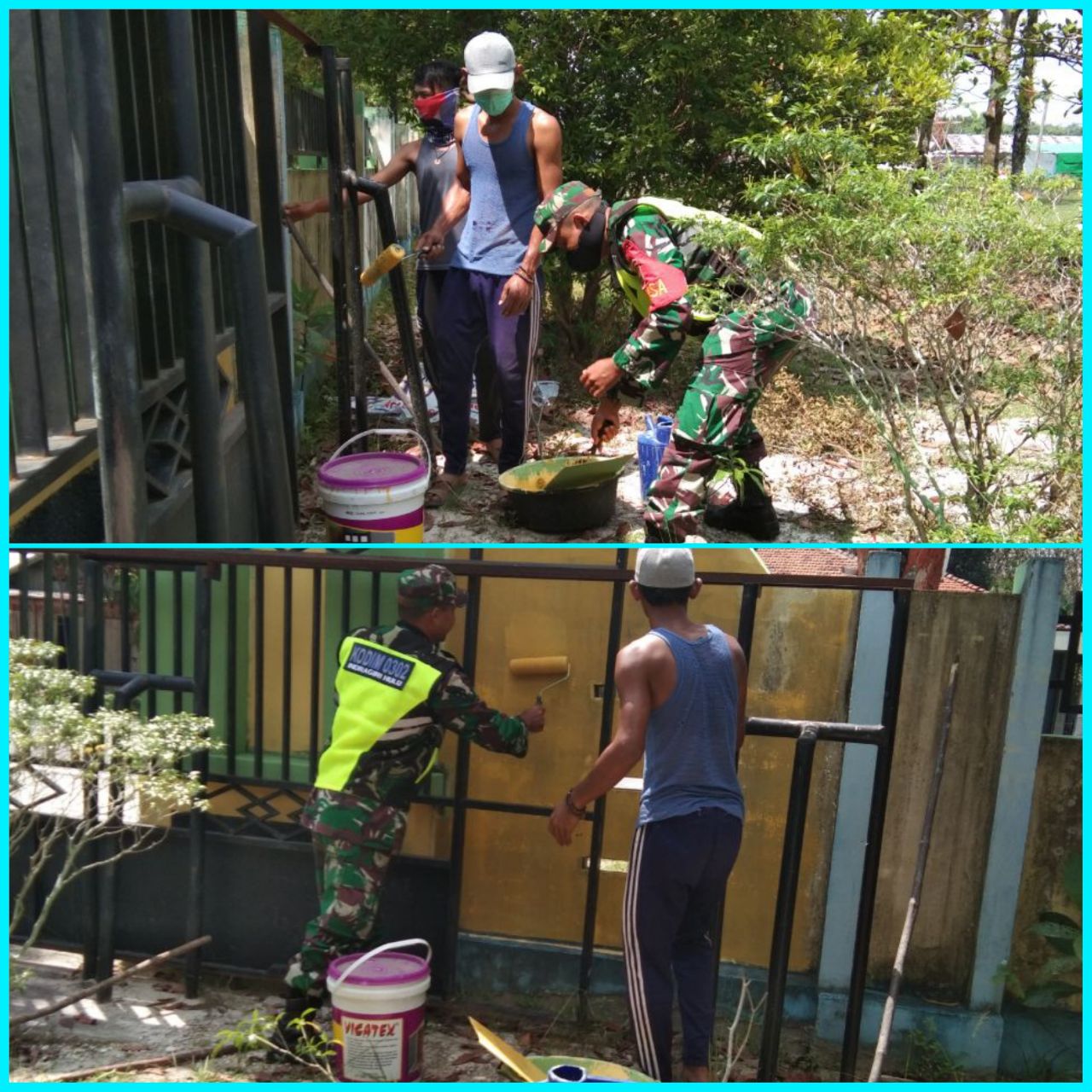 Untuk Memperindah Sekolah; Koptu Hasriyon Bersama Masyarakat Mengecat Pagar Sekolah Dasar (SD) Pauh Angit.