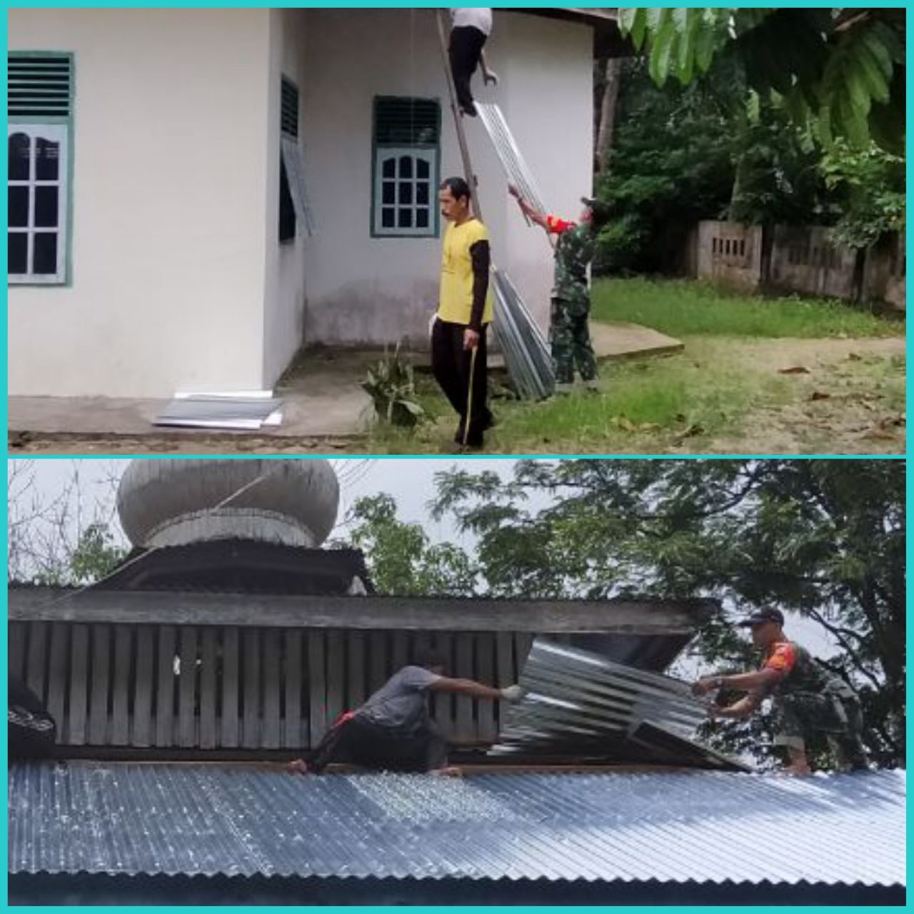 Babinsa Koramil 07/Kuantan Hilir Dim 0302/Inhu,Sertu Parman Membantu Rehab Atap Musallah Darussalam.