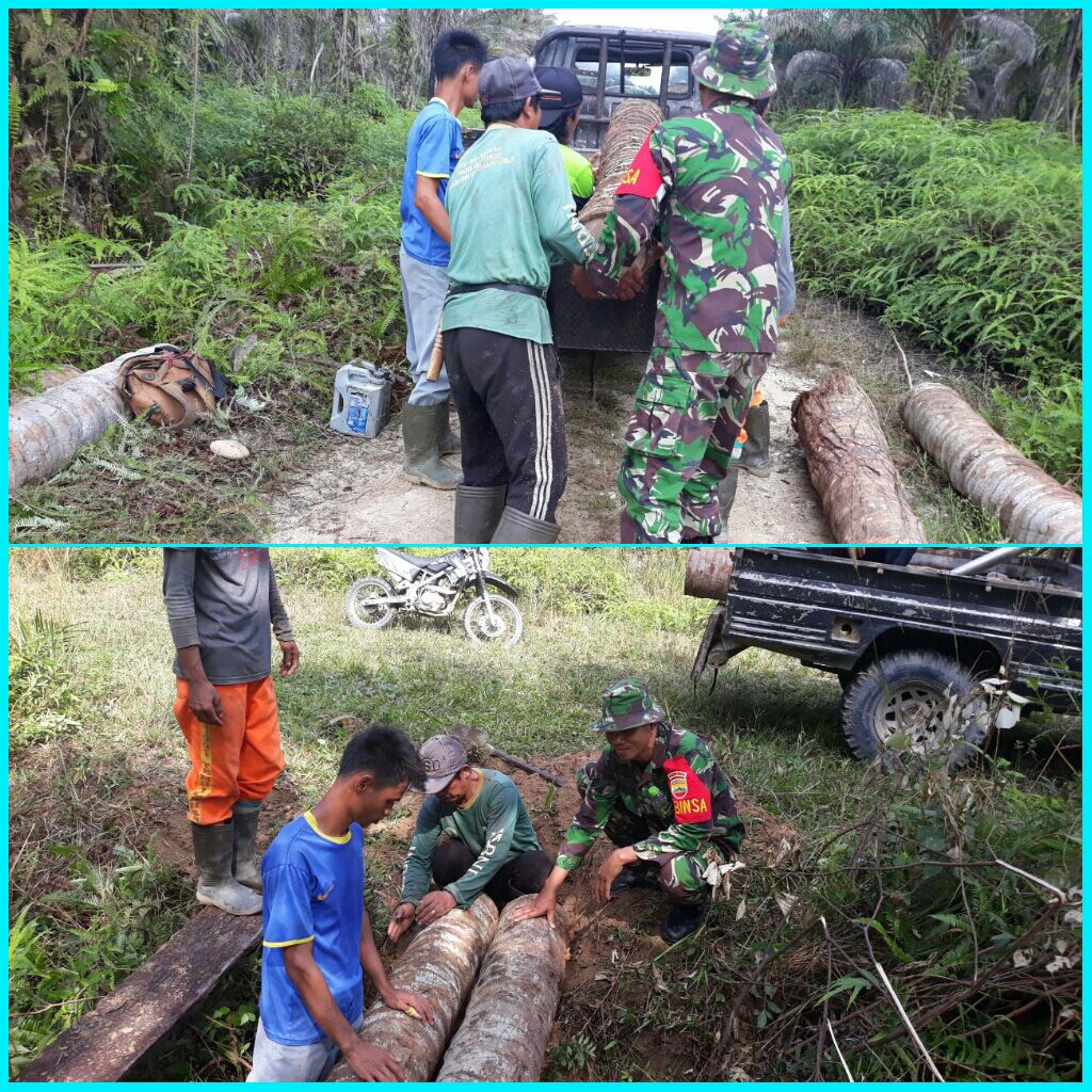 Babinsa Koramil 07/Kuantan Hilir DIM 0302/INHU Gotong Royong Bersama Membuat Jembatan Penghubung Di Desa Pulau Kumpai.