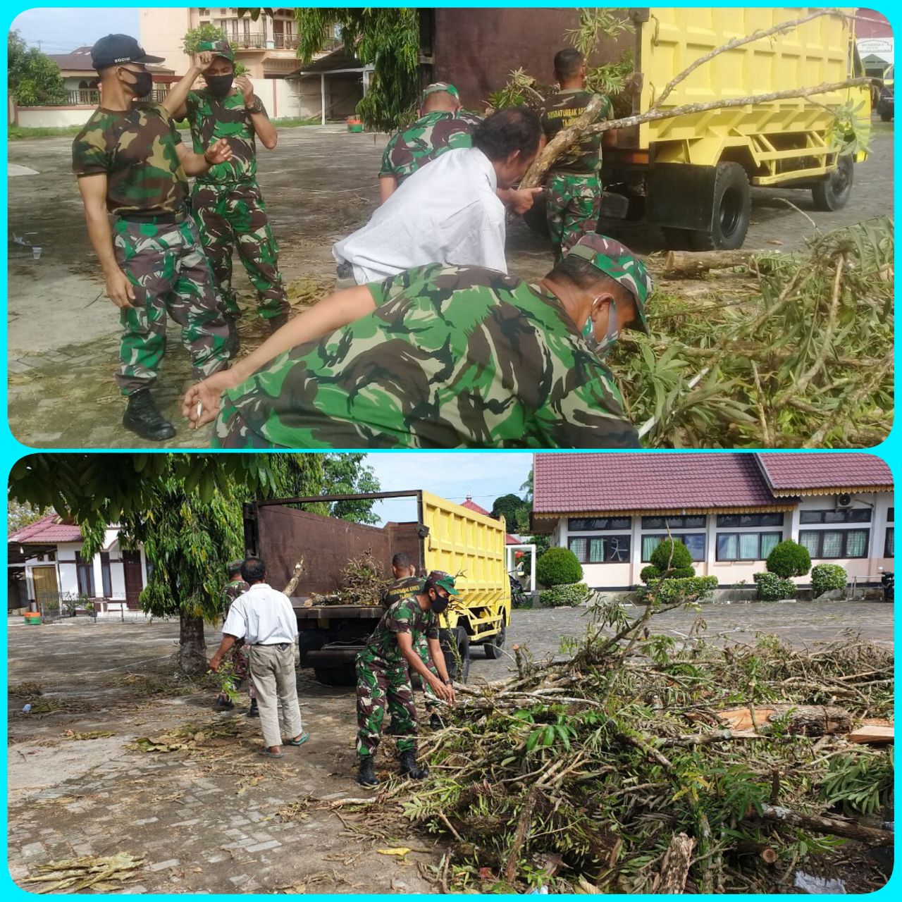 Wujudkan Kebersihan Lingkungan Kantor Camat, Babinsa Koramil 07/Kuantan Hilir Dim 0302/Inhu Serka Junaidi Gotong Royong Bersama Pegawai Kantor Camat.