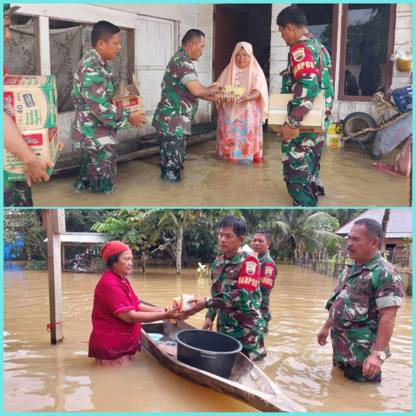 Danramil 07/KH Dim 0302/Inhu Kapten Inf Ardiyasman Beserta Anggota Berikan Bantuan Sembako Untuk Warga Kena Banjir Di Desa Pulau Kijang Kec.Kuantan Hilir