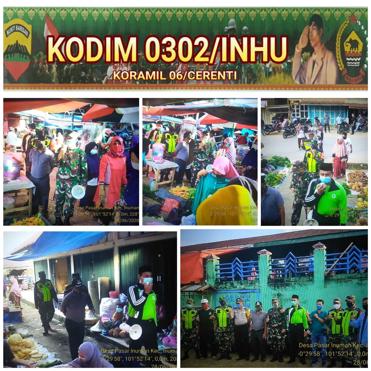 Anggota Koramil 06/Cerenti Dim 0302/Inhu Bersama Tim Gugus Beri Himbauan Protokol Kesehatan Kepada Pengunjung Pasar Tradisional Kecamatan Inuman.