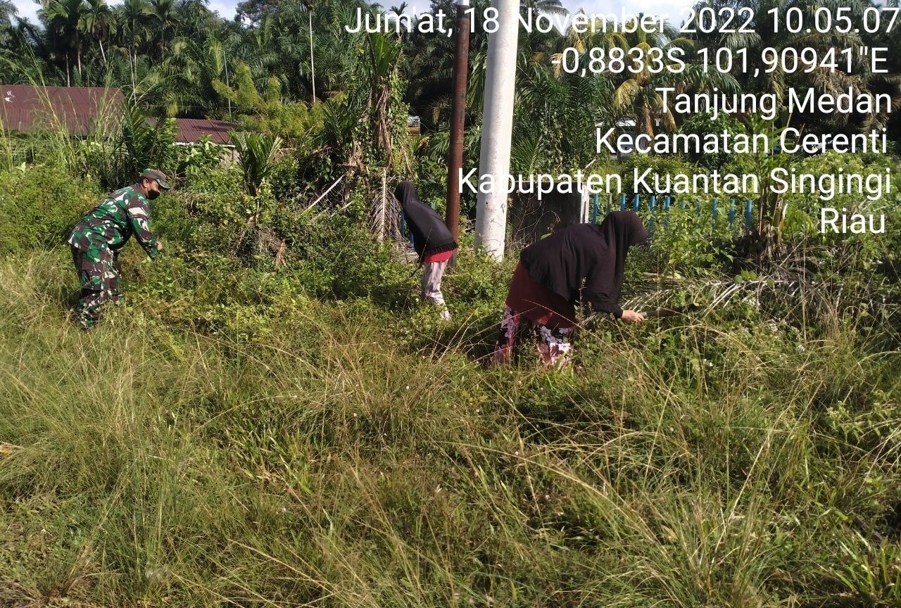 Jalin Kebersamaan Babinsa Koramil 06/Cerenti Kodim 0302/Inhu Gotong Royong Bersama Warga Membersihkan Lingkungan Desa Binaan Desa Tanjung Medan 