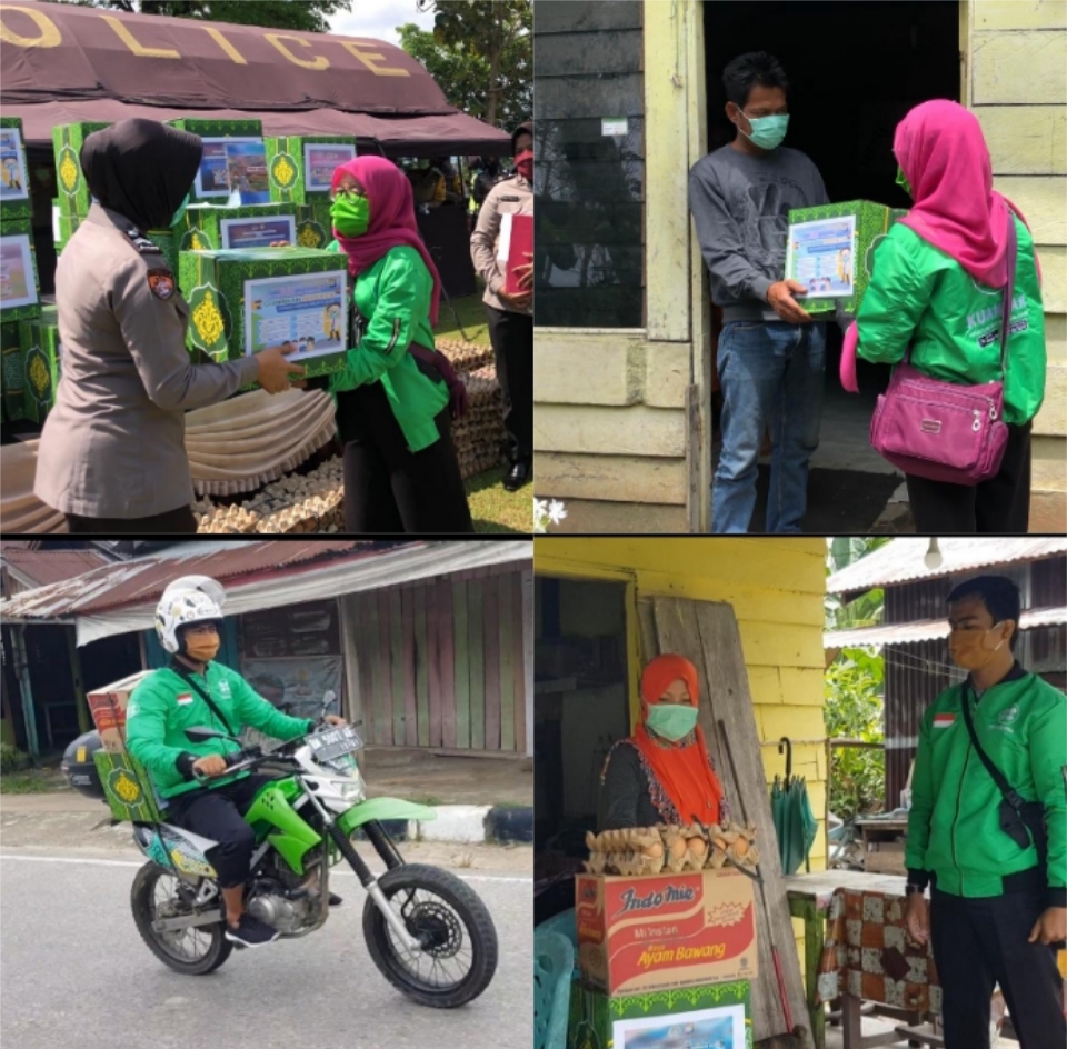 Bantuan Sembako dari Polres dan Bhayangkari Kuansing diantar melalui Jasa Tukang Ojek.