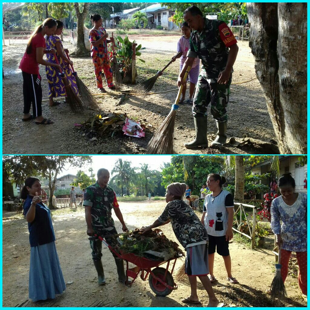 Babinsa Koramil 07/KH Sertu Darmanto Gotong Royong Bersama Ibu PKK Desa Sako Margasari.
