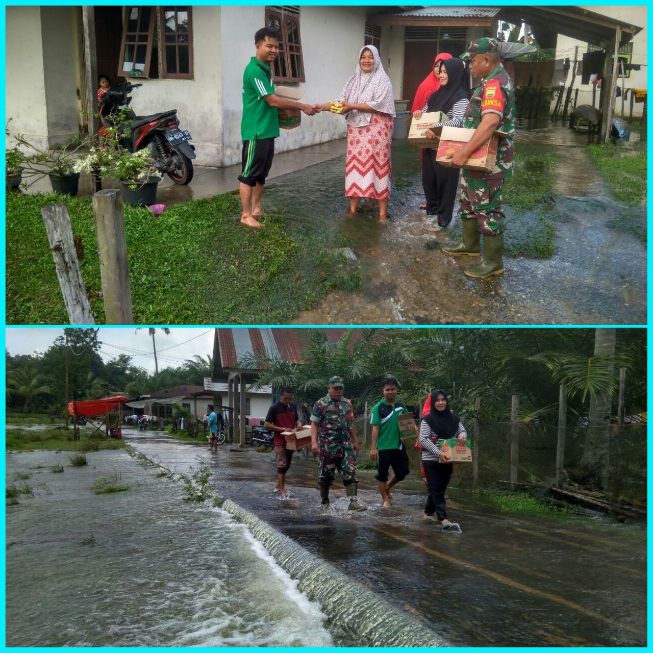 Babinsa Koramil Kuantan Hilir Membantu Pemerintah Desa Pendistribusian Bantuan Sembako Kepada Masyarakat Terpapar Banjir.