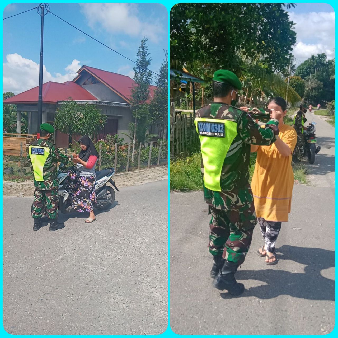 Serma Edy Sastra Anggota Ramil 07/Kuantan Hilir Dim 0302/Inhu Bagikan Masker Gratis Kepada Masyarakat Desa Sikijang.