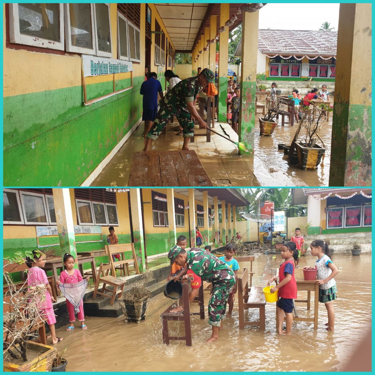 Babinsa Ramil 07/KH Dim 0302/Inhu Serda Epi Suanto Bersama Guru Dan Murid-Murid Membersihkan Sekolah Pasca Banjir.